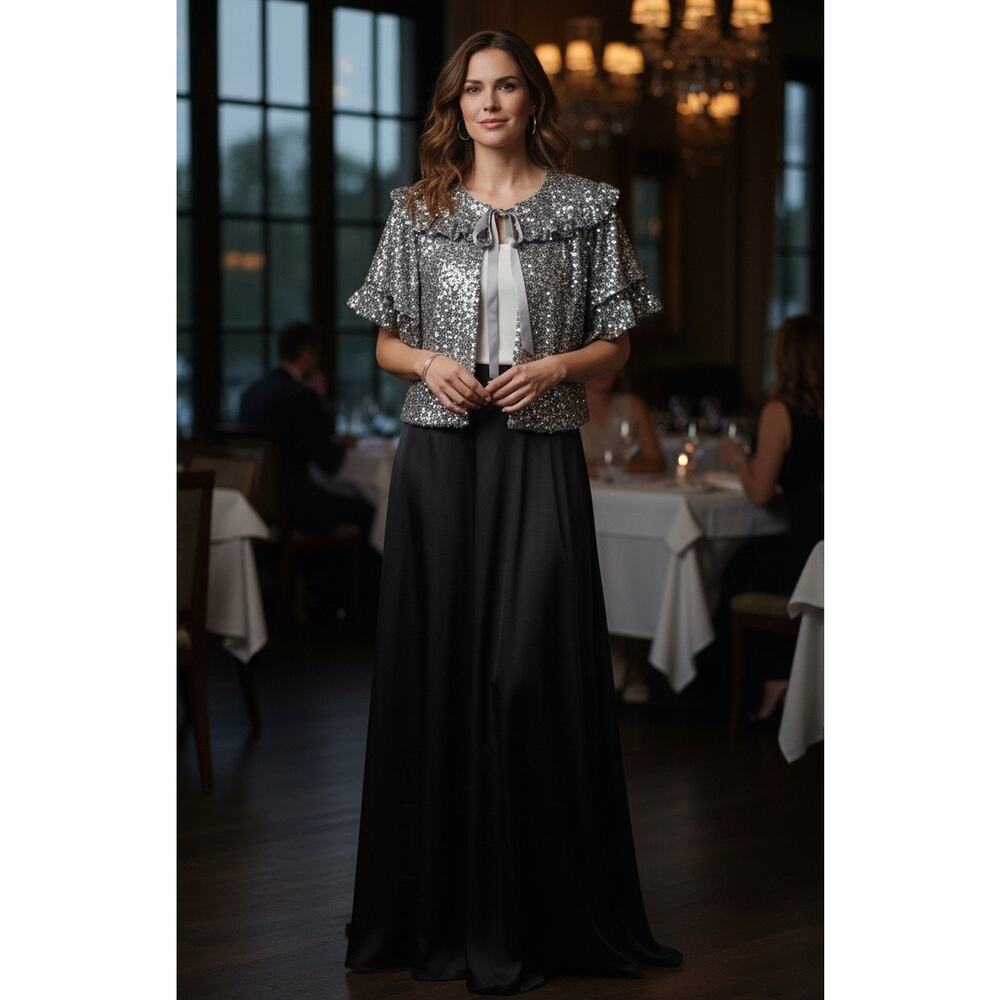 MNK Sequin Capelet Jacket Sz L Silver Sparkle Formal Wedding Prom Party Cruise